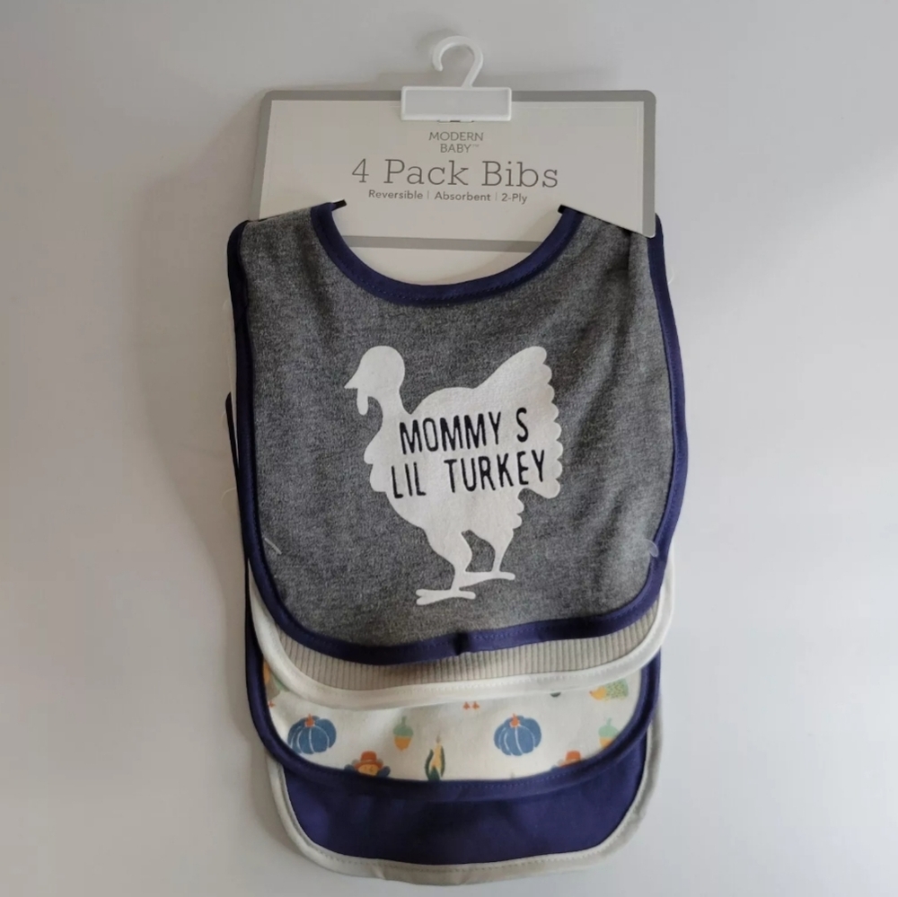 Baby Boy Modern Baby 4 pack Reversible Bibs Mommy's Little Turkey Thanksgiving